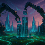 When data centers are 3D printed! 2 دو بازوی رباتیک عظیم که درهای علمیتخیلی را با برجهای دیتاسنتر چاپ سهبعدی و خطوط انرژی سبز نئون میسازند.