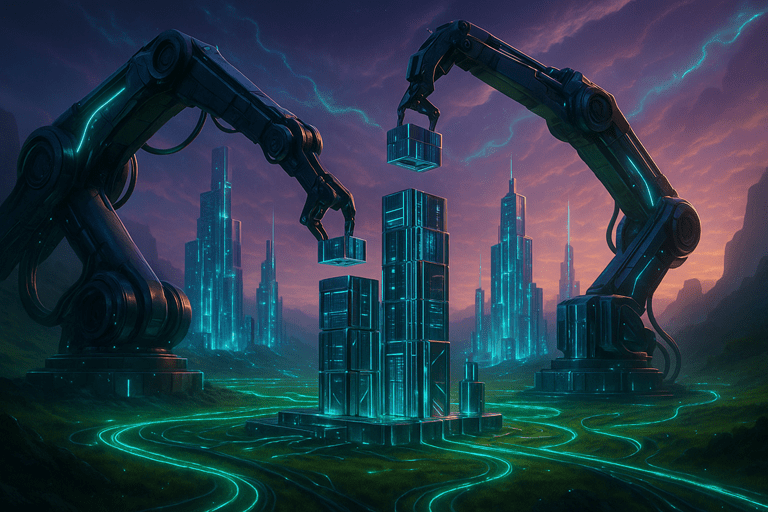 When data centers are 3D printed! 1 دو بازوی رباتیک عظیم که درهای علمیتخیلی را با برجهای دیتاسنتر چاپ سهبعدی و خطوط انرژی سبز نئون میسازند.