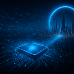 تصویری آینده‌نگر از یک پردازنده درخشان که داده‌ها را به شهری دیجیتالی در دوردست متصل می‌کند