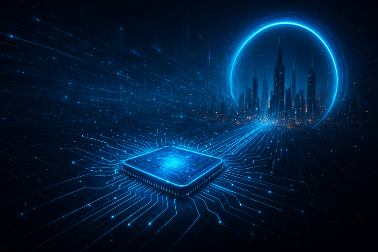 تصویری آینده‌نگر از یک پردازنده درخشان که داده‌ها را به شهری دیجیتالی در دوردست متصل می‌کند
