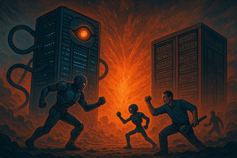 نبرد ربات‌های هوش مصنوعی با تکنسین‌های انسانی بین دو مرکز داده مدرن و قدیمی در یک صحنه علمی-تخیلی.