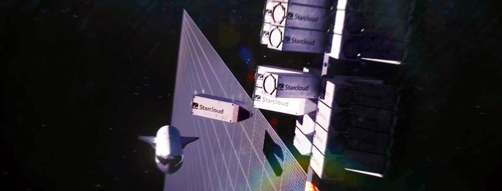 تصویر دیجیتال سینمایی از مرکز داده فضایی استارکلود در مدار زمین با پنل‌های درخشان آبی که نماد هوش مصنوعی و آینده محاسبات ابری در فضا است.