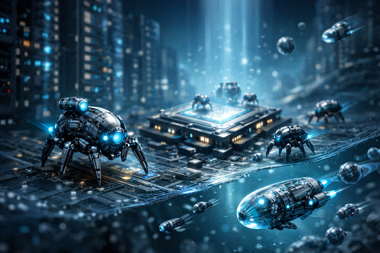 یک تصویر دیجیتال و پیشرفته که ربات‌های میکروسکوپی را در حال حرکت و تعامل با مدارها و چیپ‌های نانومقیاس نشان می‌دهد. این صحنه، نسل آینده دیتاسنترها را با نورهای آبی و نقره‌ای و فناوری پیشرفته به تصویر می‌کشد.