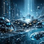 ربات‌های میکروسکوپی در حال تعامل با مدارها و چیپ‌های نانومقیاس در یک دیتاسنتر پیشرفته و آینده‌نگر.