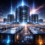 تصویر مفهومی از دیتاسنترهای عظیم و پیشرفته با ردیف‌های سرور و سازه‌های بلند که نماد زیرساخت جهانی هوش مصنوعی و رایانش ابری هستند.