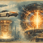 تصویر مفهومی کلاسیک از خودرو پرنده، رایانش کوانتومی و همجوشی هسته‌ای به‌عنوان نماد فناوری‌های آینده