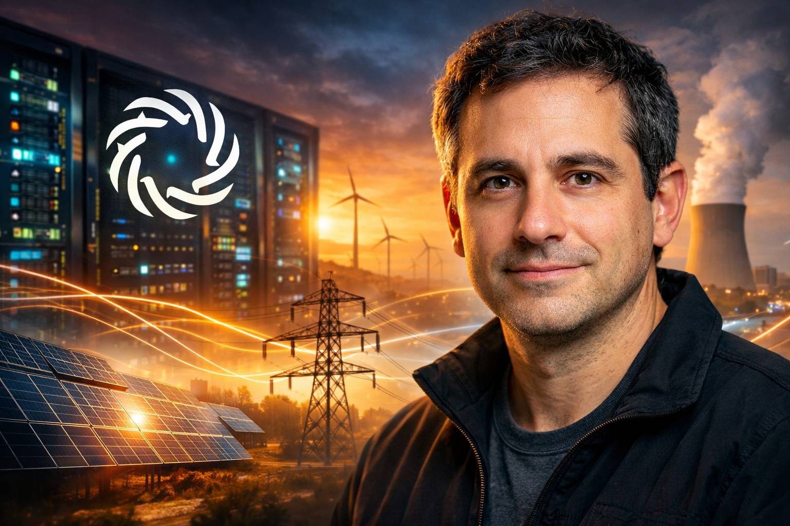 پرتره داریو آمودی در کنار لوگوی Anthropic با پس‌زمینه دیتاسنتر هوش مصنوعی، پنل‌های خورشیدی، توربین‌های بادی و زیرساخت انتقال برق در غروب آفتاب.