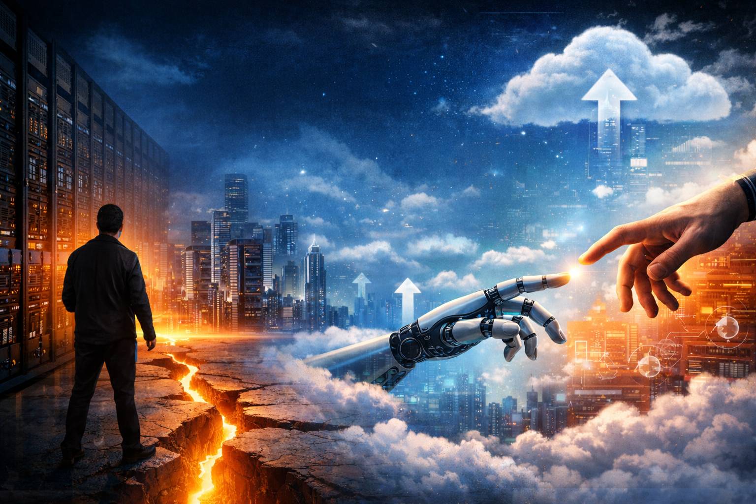 تصویر مفهومی از شکاف مهارتی در دیتاسنترها با نمایش تعامل انسان و فناوری در مسیر مهاجرت به رایانش ابری