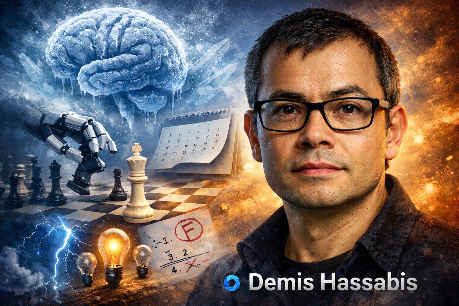 تصويری هنری از دميس حسابيس در کنار نمادهايی مانند مغز يخ‌زده، دست رباتيک در حال بازی شطرنج، تقويم و برگه آزمون که محدوديت‌های هوش مصنوعی را نمايش می‌دهد.
