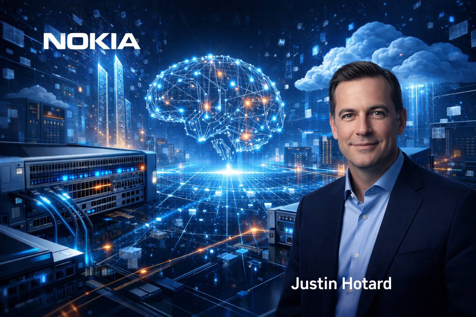 معماری شبکه هوش مصنوعی نوکیا با زیرساخت FP5، مراکز داده پیشرفته و تصویر مدیرعامل نوکیا در پس‌زمینه دیجیتال