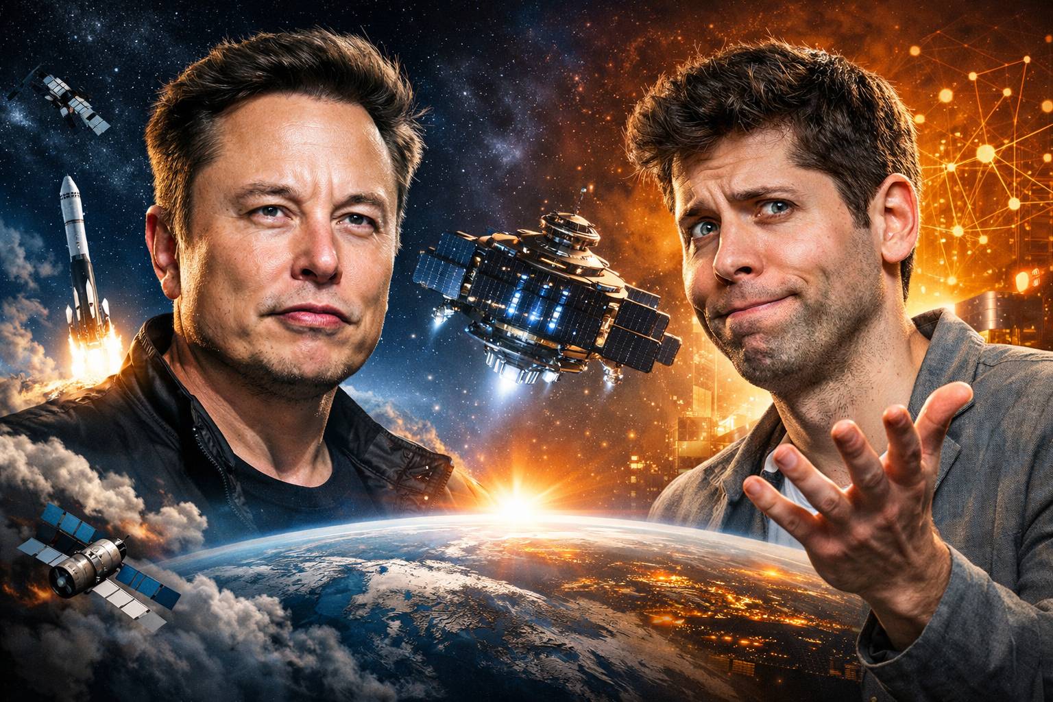 پرتره ایلان ماسک و سم آلتمن در دو سوی تصویر با پس‌زمینه فضا، ماهواره‌ها و زمین که نماد رقابت بر سر مراکز داده فضایی و آینده هوش مصنوعی است.